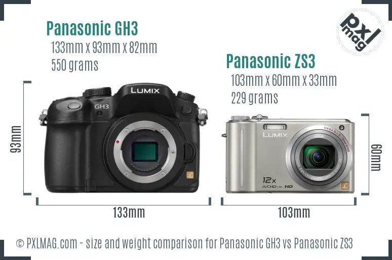 Panasonic GH3 vs Panasonic ZS3 size comparison