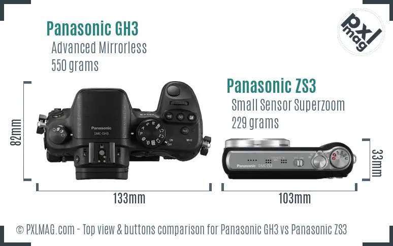 Panasonic GH3 vs Panasonic ZS3 top view buttons comparison