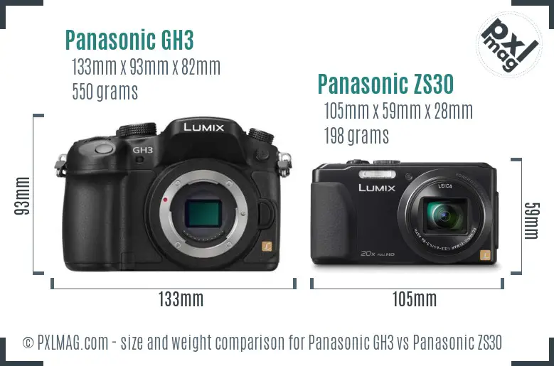 Panasonic GH3 vs Panasonic ZS30 size comparison