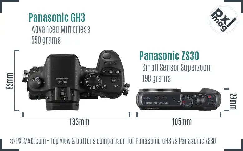 Panasonic GH3 vs Panasonic ZS30 top view buttons comparison