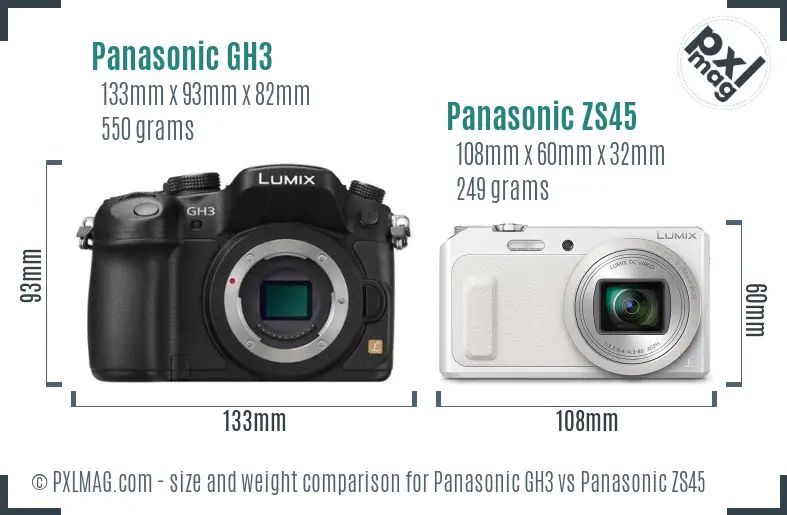 Panasonic GH3 vs Panasonic ZS45 size comparison