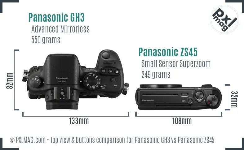Panasonic GH3 vs Panasonic ZS45 top view buttons comparison