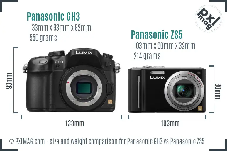 Panasonic GH3 vs Panasonic ZS5 size comparison