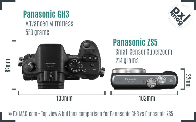 Panasonic GH3 vs Panasonic ZS5 top view buttons comparison