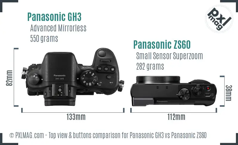 Panasonic GH3 vs Panasonic ZS60 top view buttons comparison