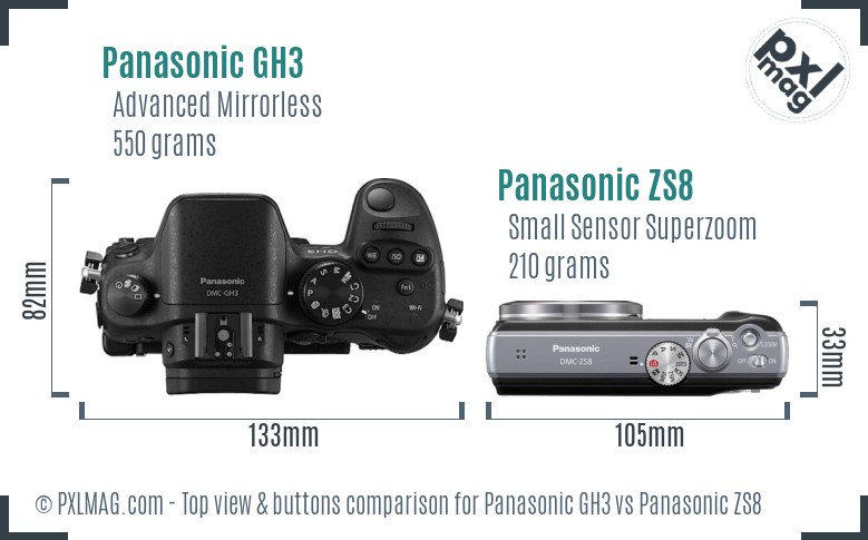 Panasonic GH3 vs Panasonic ZS8 top view buttons comparison