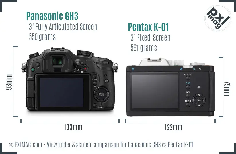 Panasonic GH3 vs Pentax K-01 Screen and Viewfinder comparison