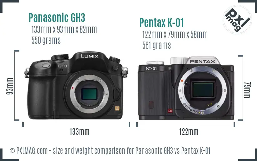 Panasonic GH3 vs Pentax K-01 size comparison