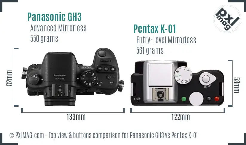 Panasonic GH3 vs Pentax K-01 top view buttons comparison