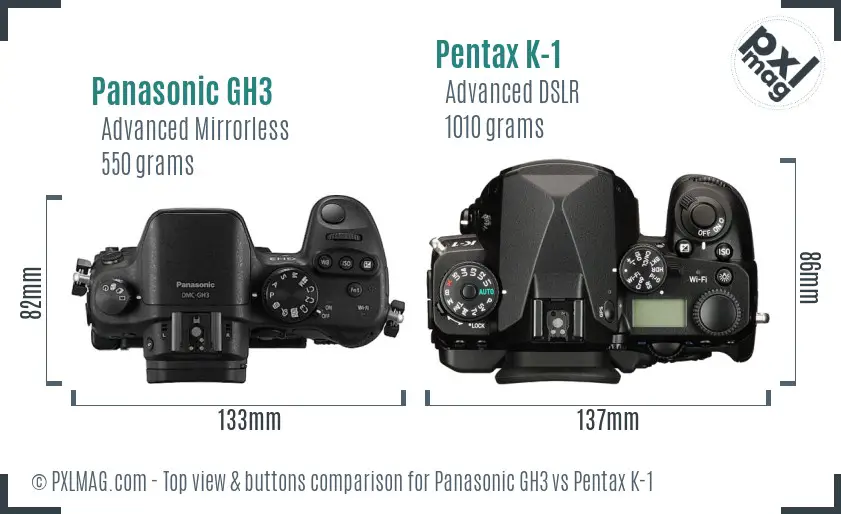 Panasonic GH3 vs Pentax K-1 top view buttons comparison