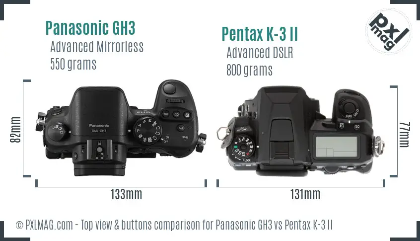 Panasonic GH3 vs Pentax K-3 II top view buttons comparison