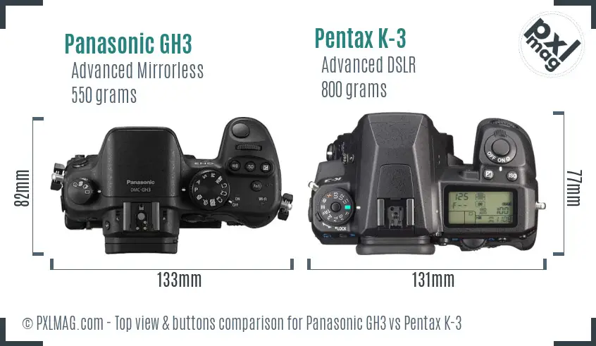 Panasonic GH3 vs Pentax K-3 top view buttons comparison