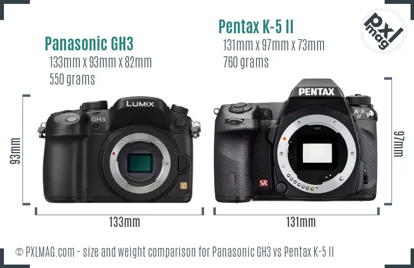 Panasonic GH3 vs Pentax K-5 II size comparison