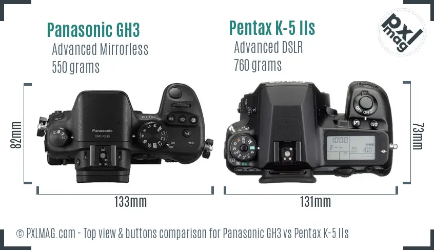 Panasonic GH3 vs Pentax K-5 IIs top view buttons comparison
