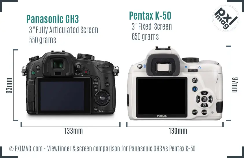 Panasonic GH3 vs Pentax K-50 Screen and Viewfinder comparison