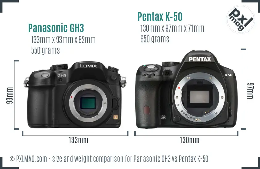 Panasonic GH3 vs Pentax K-50 size comparison