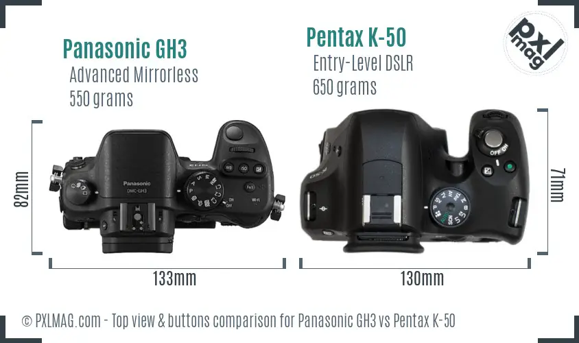 Panasonic GH3 vs Pentax K-50 top view buttons comparison