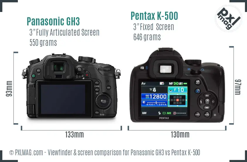 Panasonic GH3 vs Pentax K-500 Screen and Viewfinder comparison