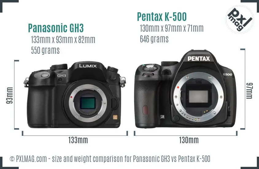 Panasonic GH3 vs Pentax K-500 size comparison