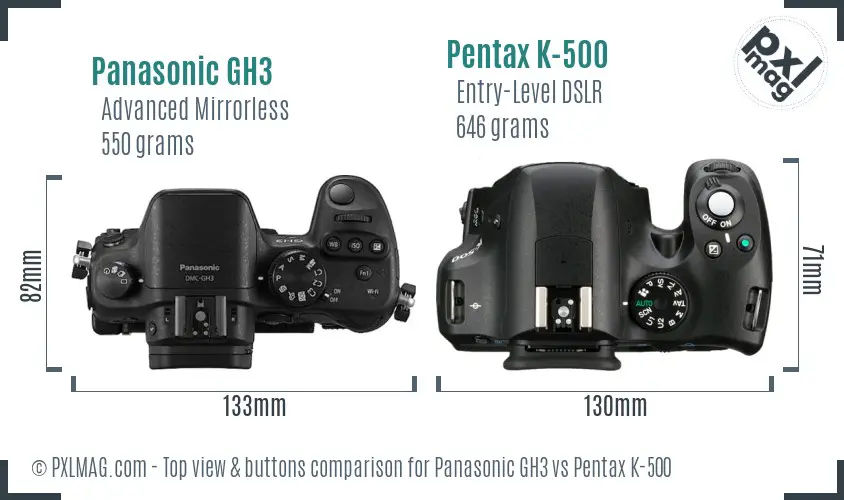 Panasonic GH3 vs Pentax K-500 top view buttons comparison