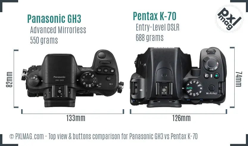 Panasonic GH3 vs Pentax K-70 top view buttons comparison