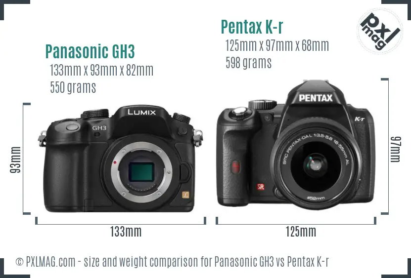 Panasonic GH3 vs Pentax K-r size comparison