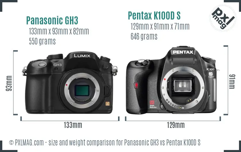 Panasonic GH3 vs Pentax K100D S size comparison