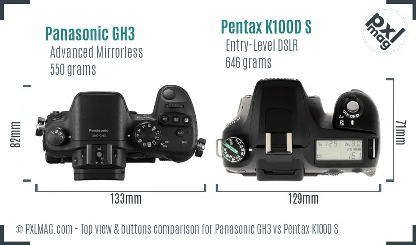 Panasonic GH3 vs Pentax K100D S top view buttons comparison