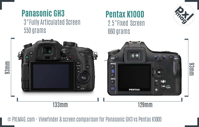 Panasonic GH3 vs Pentax K100D Screen and Viewfinder comparison