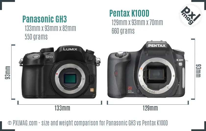 Panasonic GH3 vs Pentax K100D size comparison