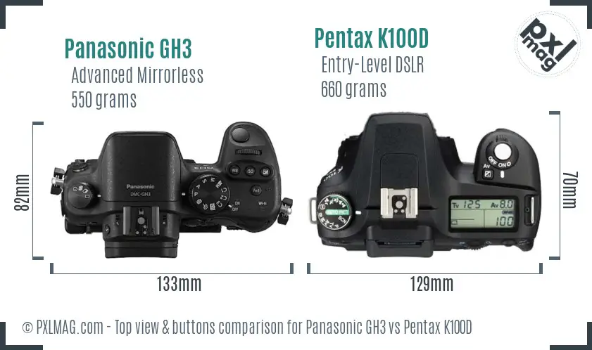 Panasonic GH3 vs Pentax K100D top view buttons comparison