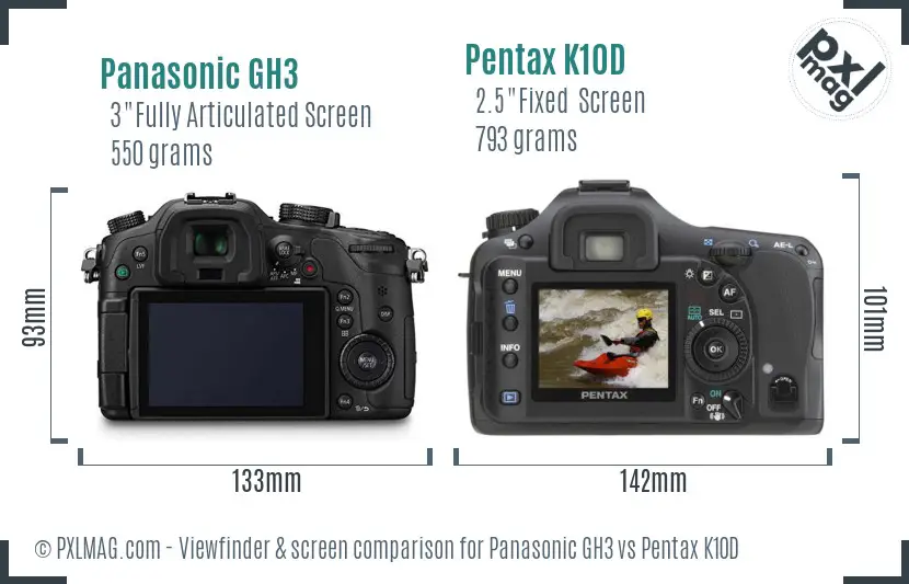 Panasonic GH3 vs Pentax K10D Screen and Viewfinder comparison