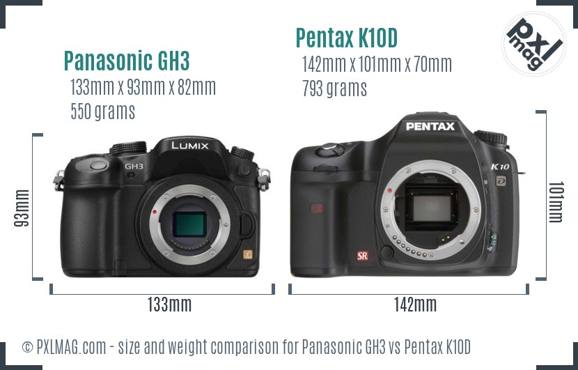 Panasonic GH3 vs Pentax K10D size comparison