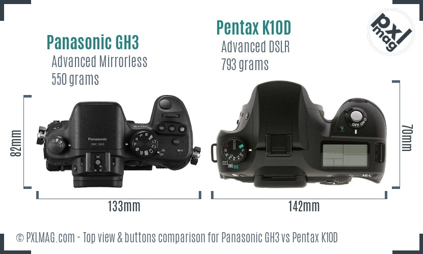 Panasonic GH3 vs Pentax K10D top view buttons comparison