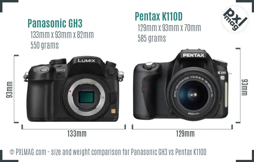 Panasonic GH3 vs Pentax K110D size comparison
