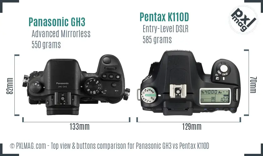 Panasonic GH3 vs Pentax K110D top view buttons comparison