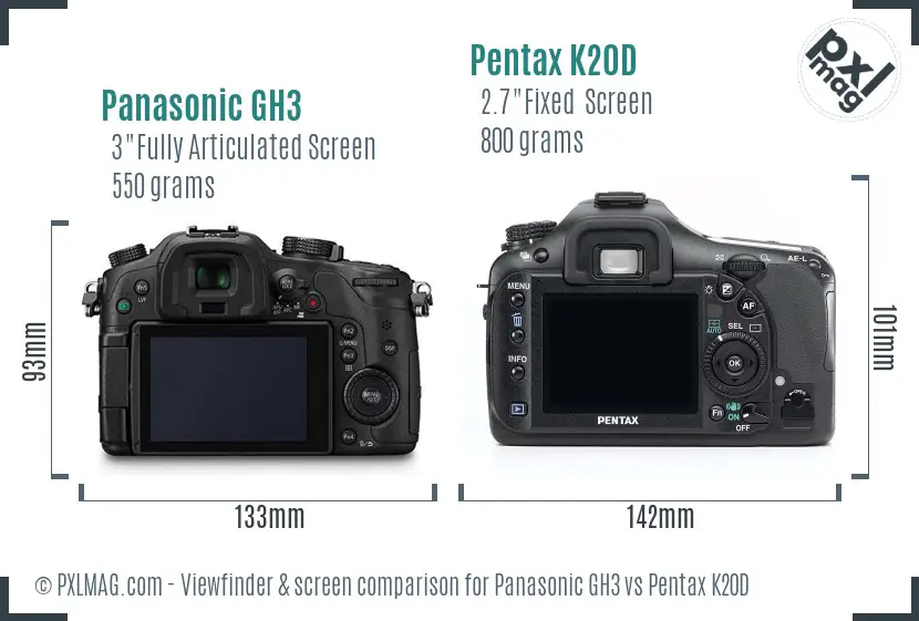 Panasonic GH3 vs Pentax K20D Screen and Viewfinder comparison