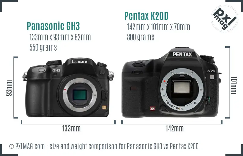 Panasonic GH3 vs Pentax K20D size comparison