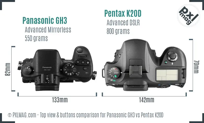Panasonic GH3 vs Pentax K20D top view buttons comparison