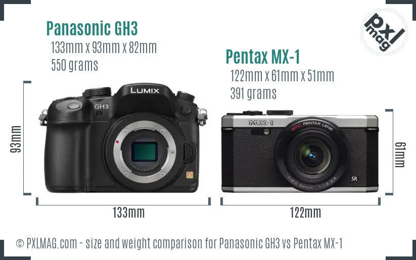 Panasonic GH3 vs Pentax MX-1 size comparison