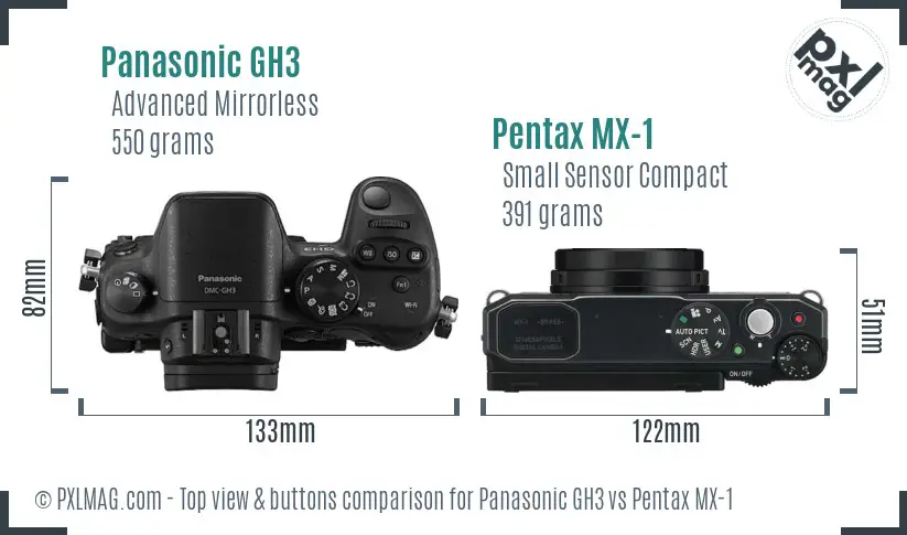 Panasonic GH3 vs Pentax MX-1 top view buttons comparison