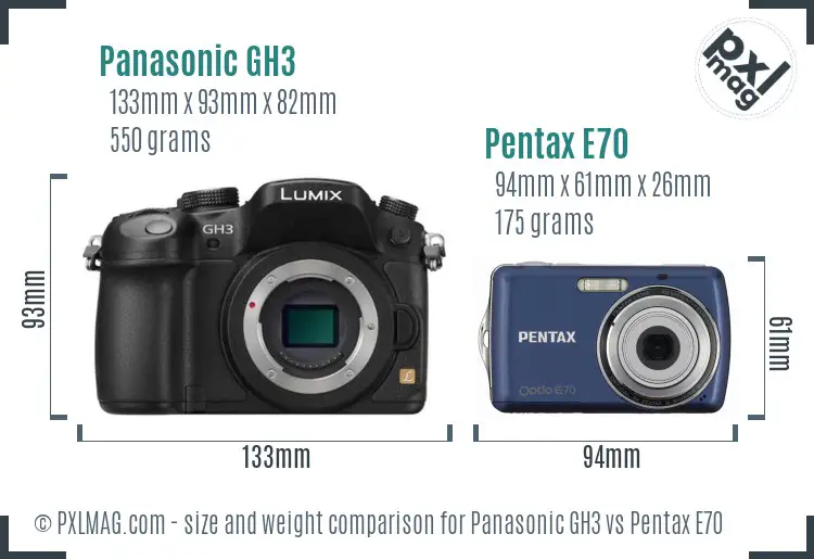 Panasonic GH3 vs Pentax E70 size comparison