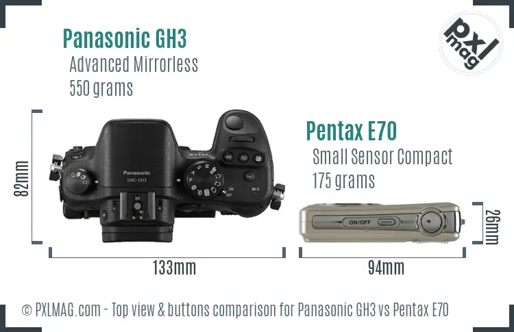 Panasonic GH3 vs Pentax E70 top view buttons comparison