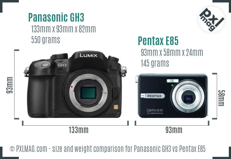 Panasonic GH3 vs Pentax E85 size comparison