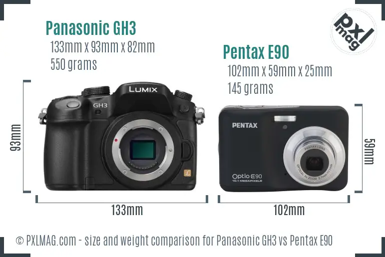 Panasonic GH3 vs Pentax E90 size comparison
