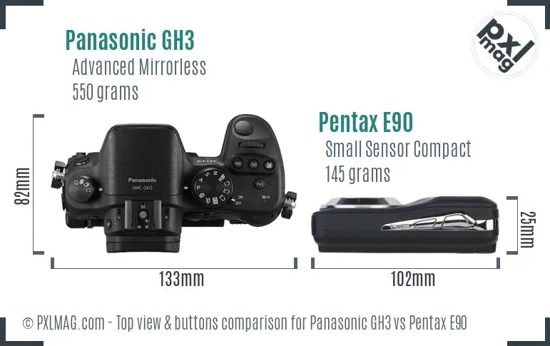 Panasonic GH3 vs Pentax E90 top view buttons comparison