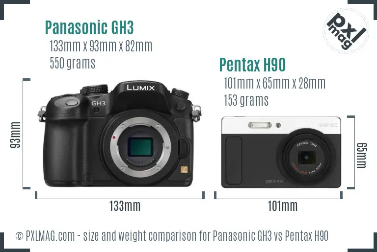 Panasonic GH3 vs Pentax H90 size comparison