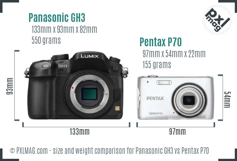 Panasonic GH3 vs Pentax P70 size comparison