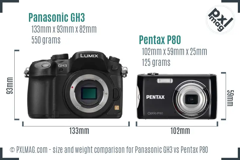 Panasonic GH3 vs Pentax P80 size comparison