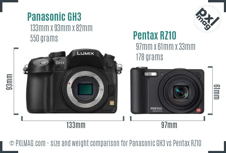 Panasonic GH3 vs Pentax RZ10 size comparison